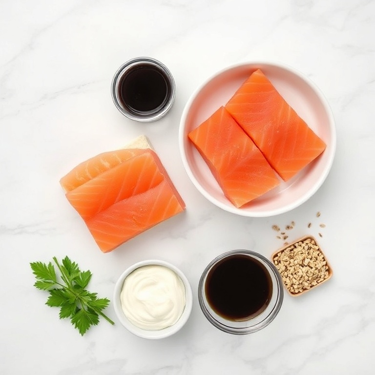 All raw ingredients for salmon bites. Salmon fillets, breadcrumbs, mayonnaise, soy sauce, sesame seeds. Measuring spoons and bowls visible. White marble surface.
