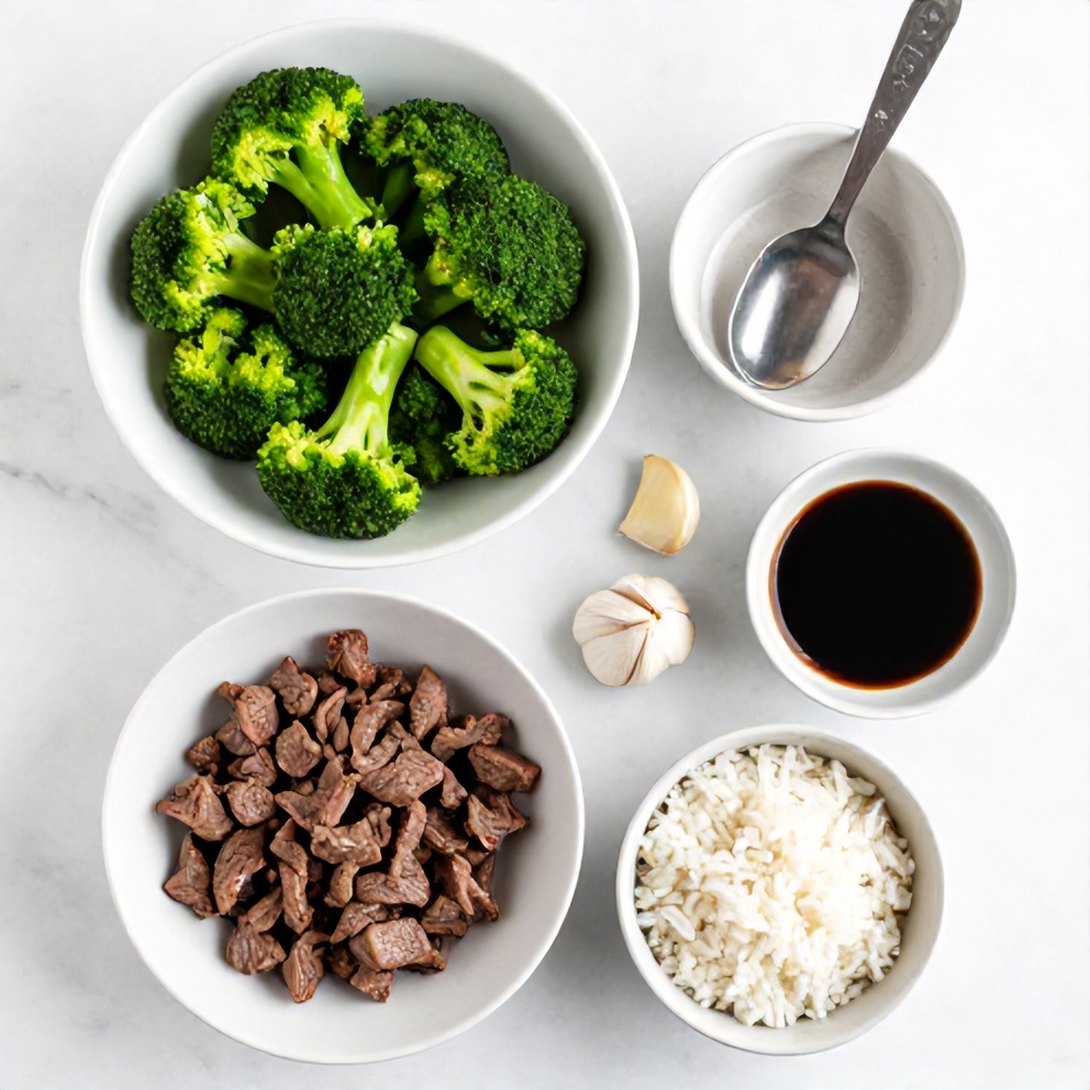 Overhead flat lay of beef, broccoli, rice, soy sauce, and garlic, with prep bowls and measuring spoons visible.