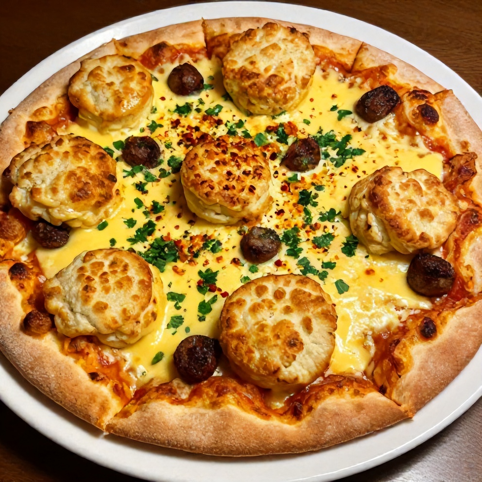Plated Biscuits and Sausage Gravy Breakfast Pizza with fresh parsley