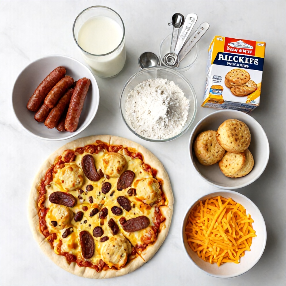 Raw ingredients for Biscuits and Sausage Gravy Breakfast Pizza on a marble surface