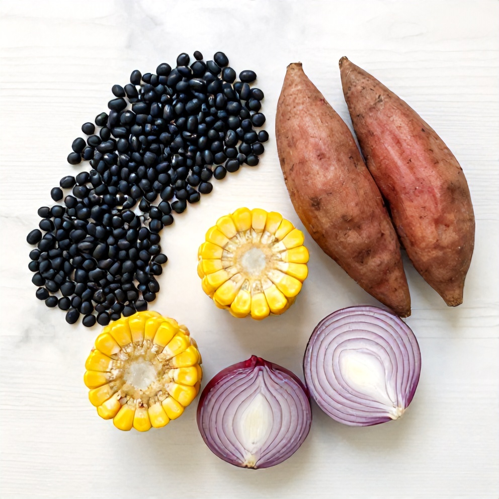 Black beans, sweet potatoes, and other ingredients for the recipe