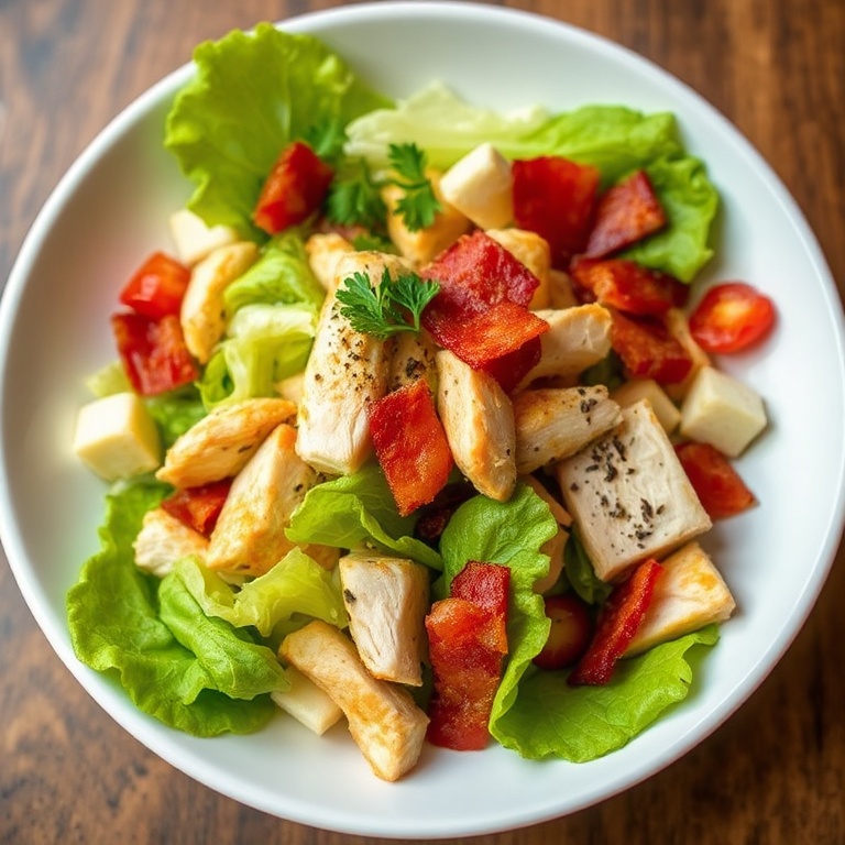 Salad plated in a white bowl with crispy bacon, juicy chicken, and fresh lettuce. Garnished with a sprinkle of parsley. Warm side lighting shows texture.