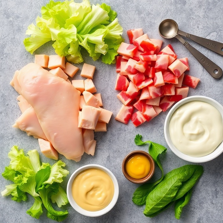 Chopped chicken breast, bacon slices, romaine lettuce, mayonnaise, and mustard arranged in an overhead flat lay. Measuring spoons and bowls visible.