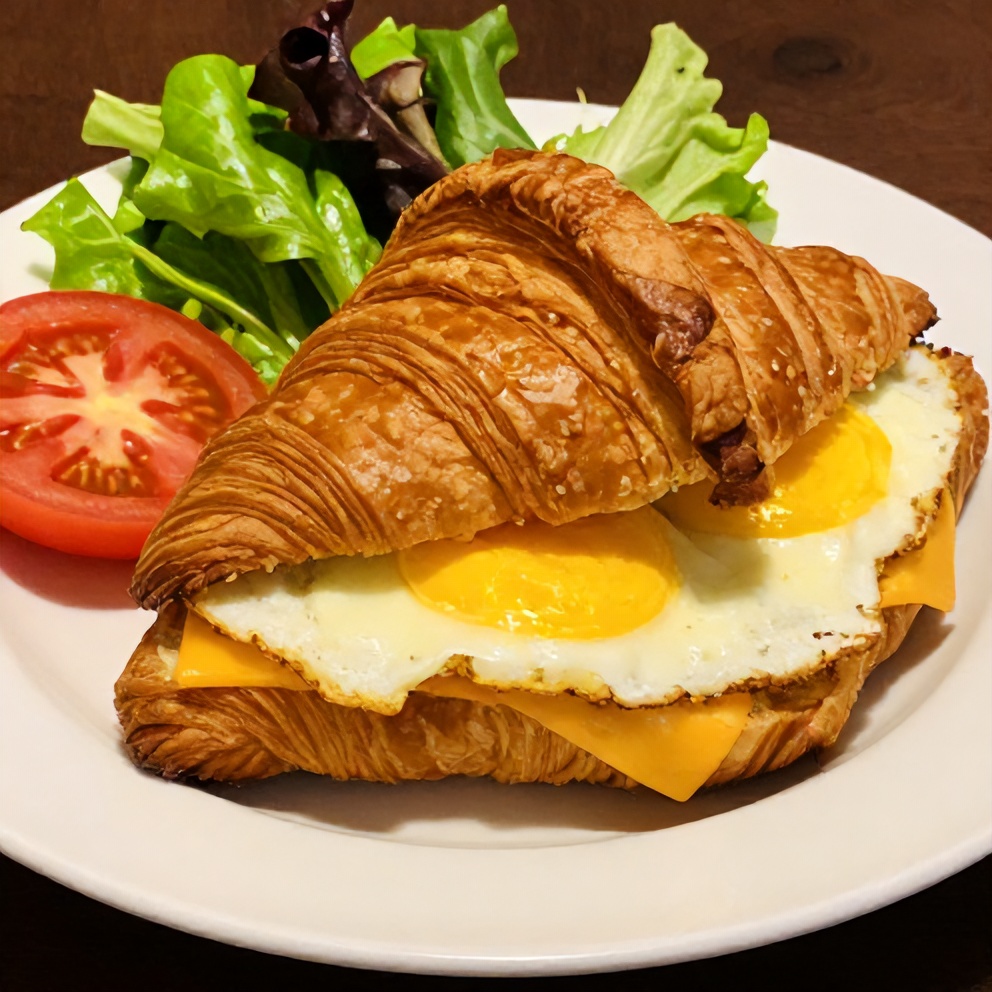 Plated croissant breakfast sandwich