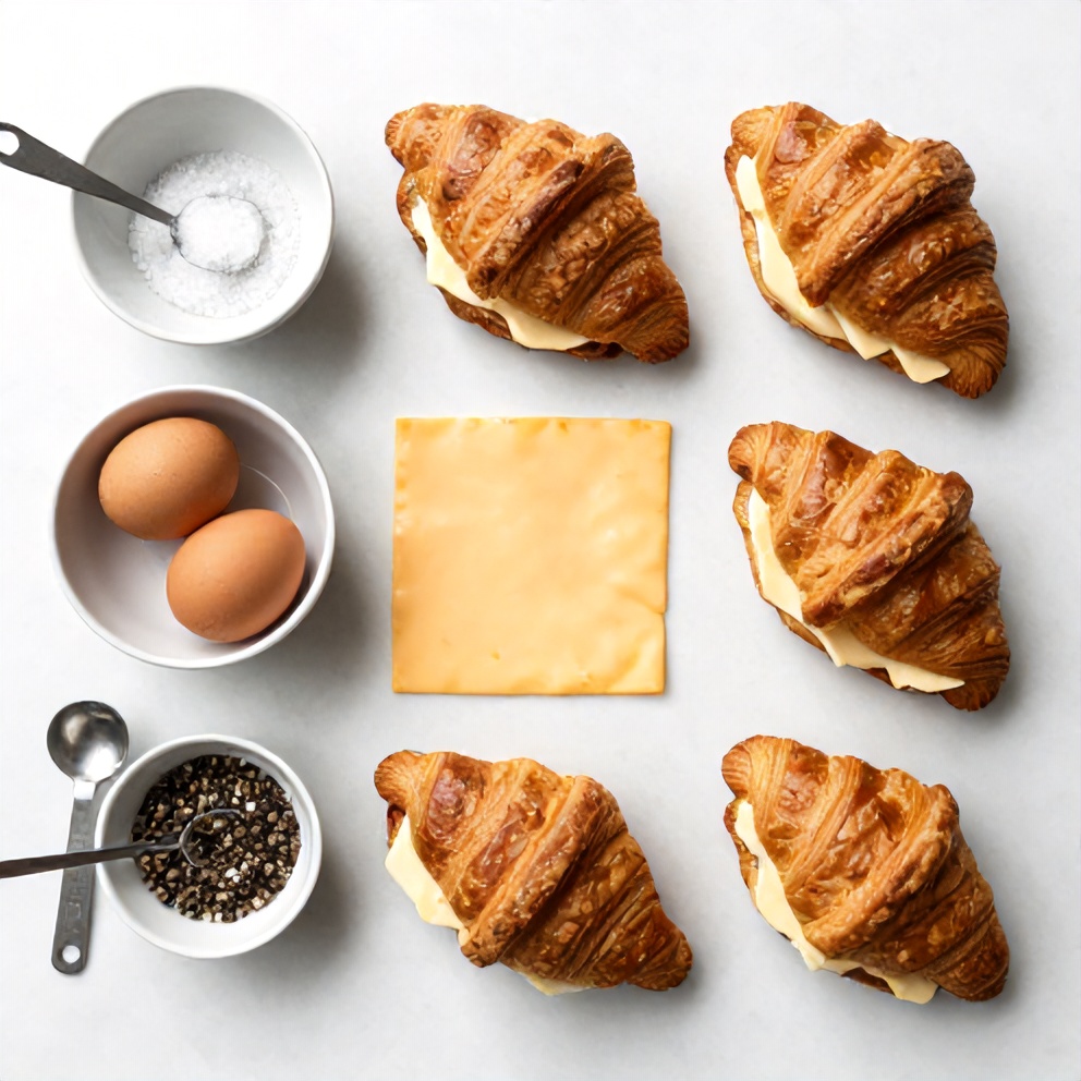 Raw ingredients for croissant breakfast sandwiches