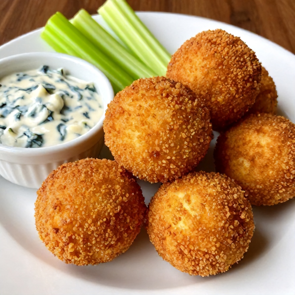 Crispy buffalo chicken bombs on a plate with blue cheese dressing