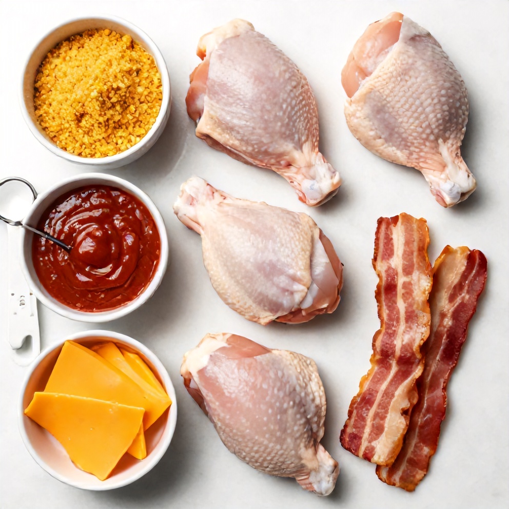 Raw ingredients for buffalo chicken bombs including chicken, bread crumbs, hot sauce, cheese, and bacon