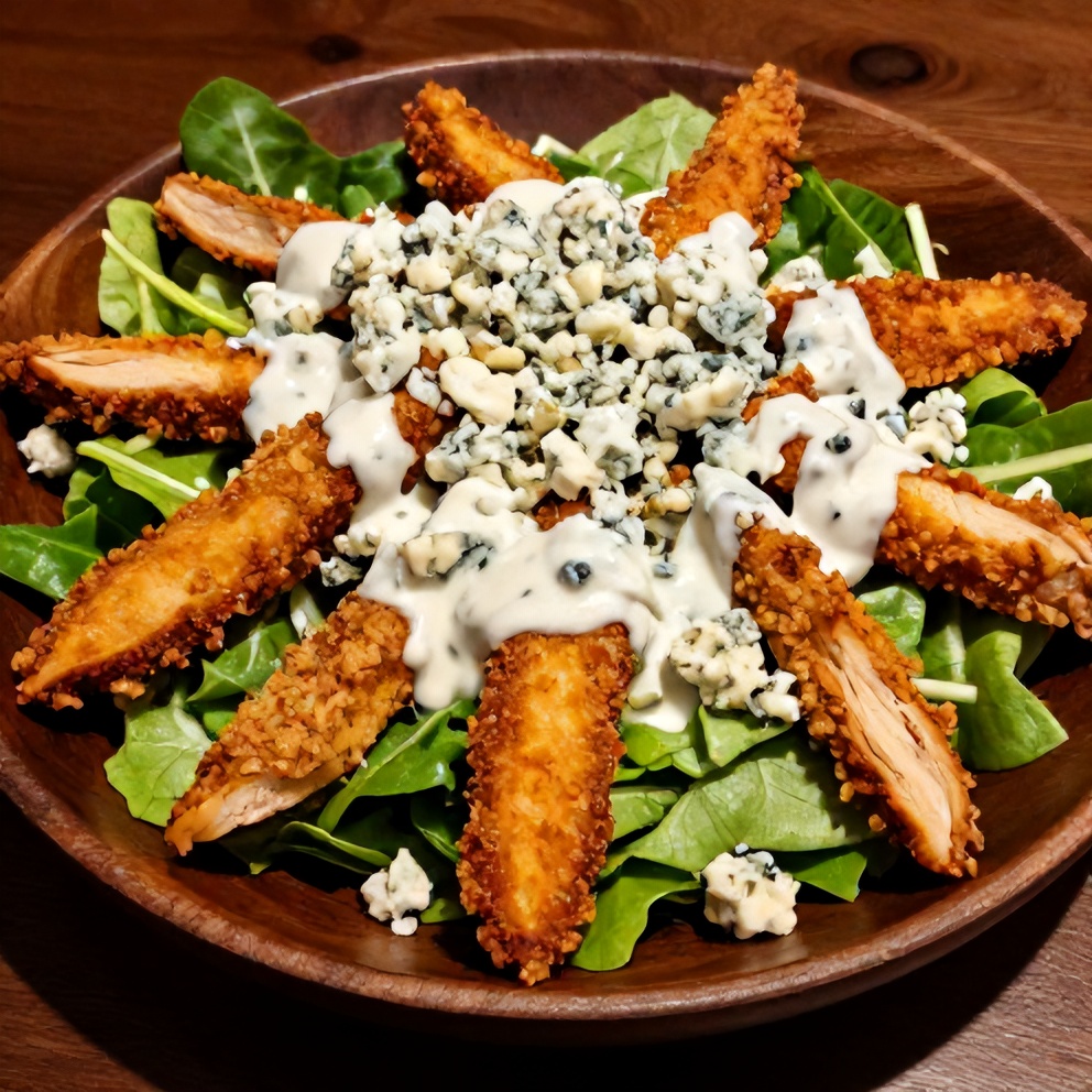 Plated Buffalo Chicken Salad with Crispy Chicken and Blue Cheese