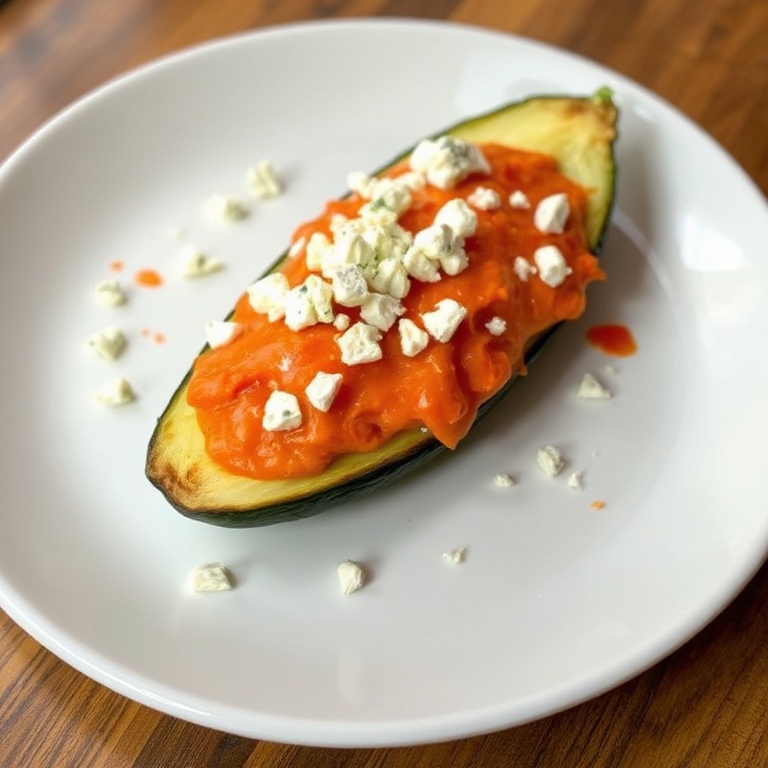 Buffalo chicken zucchini boat topped with blue cheese crumbles. White ceramic plate with warm side lighting. Crispy edges and melted cheese visible.