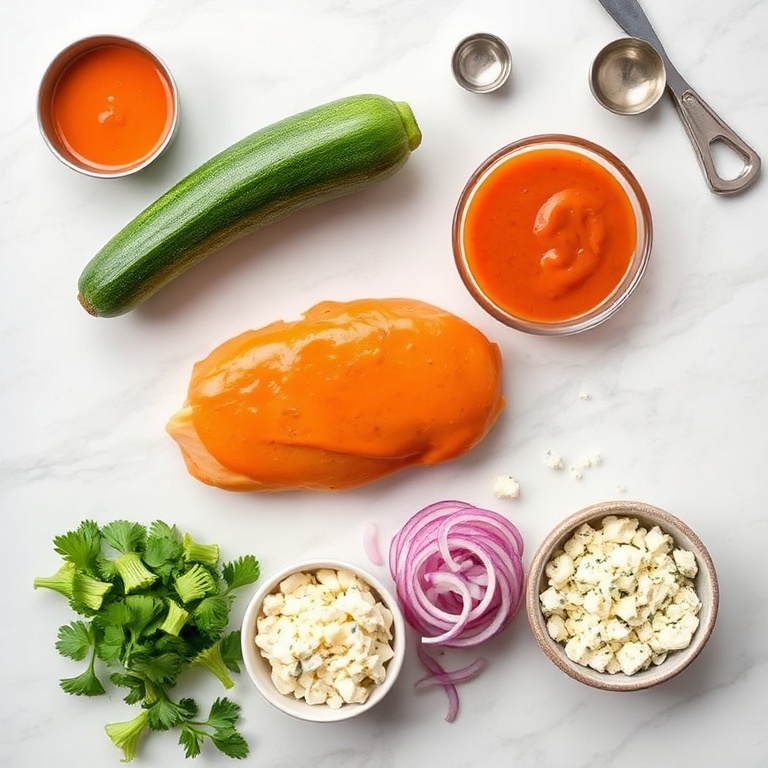 Zucchini, chicken breast, buffalo sauce, cheese, red onion, and blue cheese crumbles arranged in an overhead flat lay. Measuring spoons and cups visible. White marble surface with bright even light.