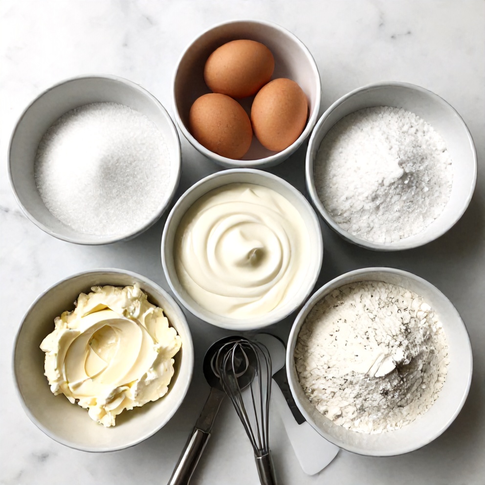 Ingredients for Burnt Basque Cheesecake: cream cheese, sugar, eggs, heavy cream, and flour