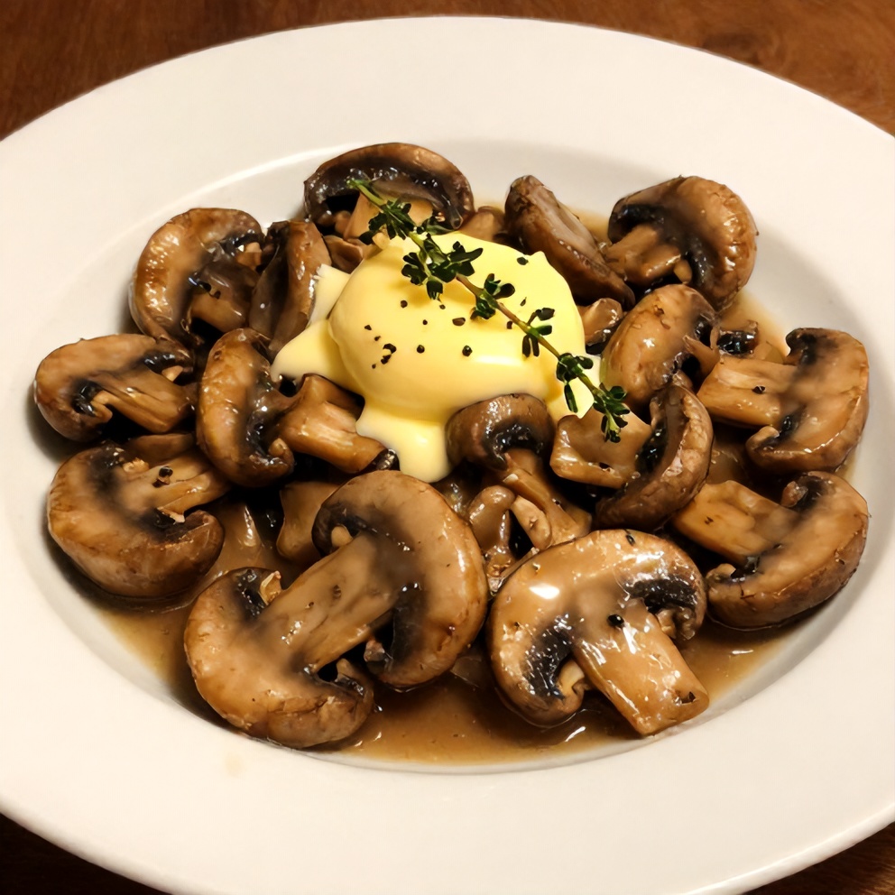 One perfect plated serving of butter sautéed mushrooms on a white plate, garnished with fresh thyme, close crop, warm side lighting, photorealistic food photography
