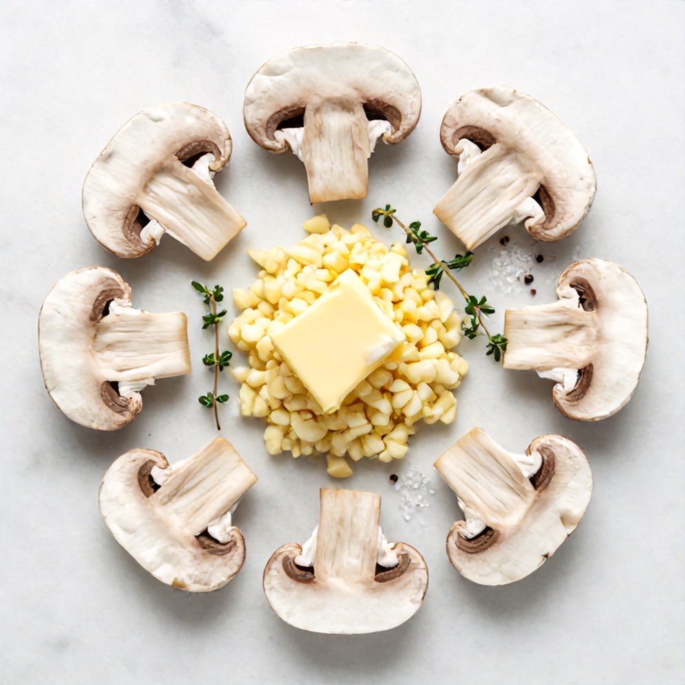 Overhead flat lay of sliced mushrooms, minced garlic, butter, fresh thyme, salt, and pepper on a white marble surface, bright even light, photorealistic overhead food photography