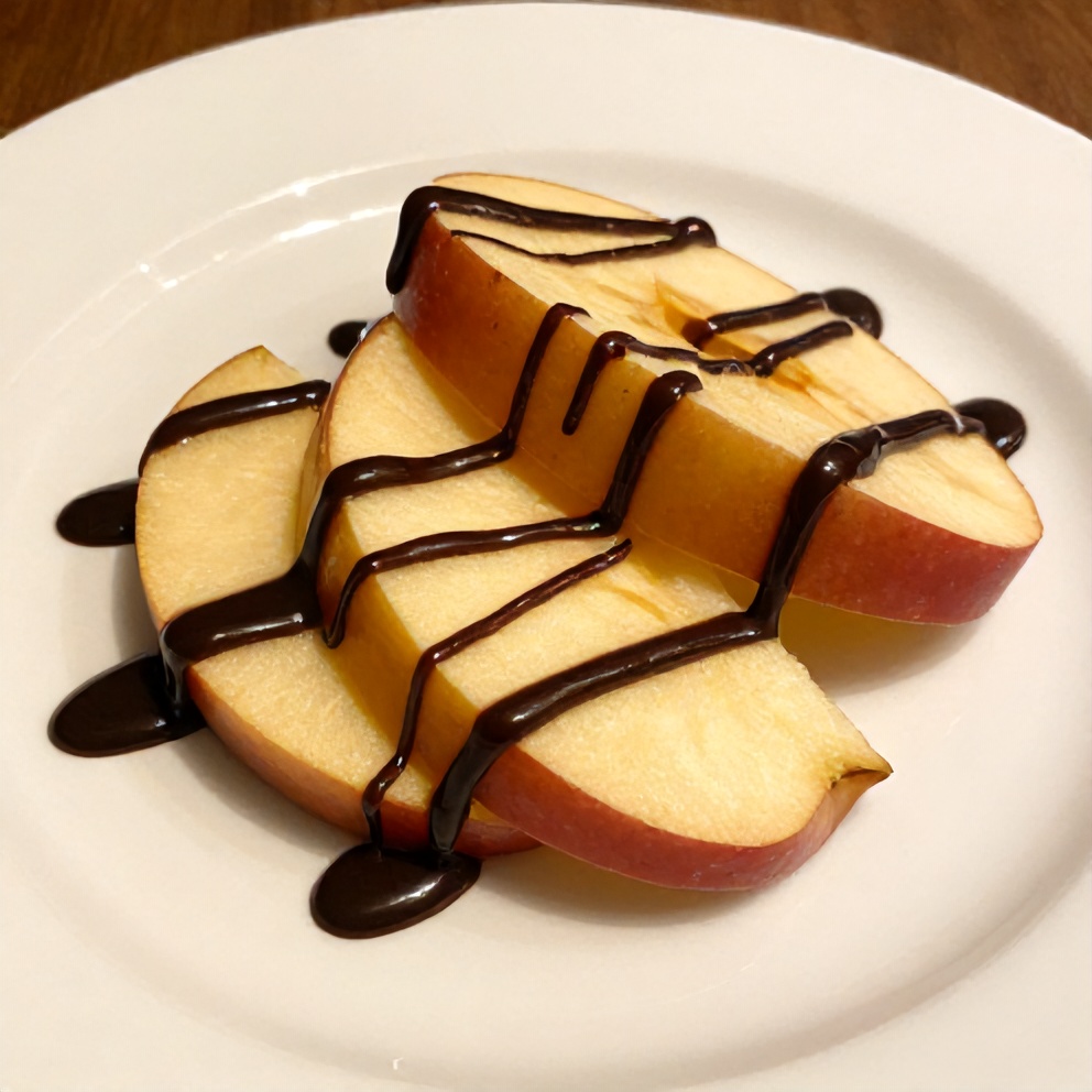 Caramel apple slices with chocolate drizzle on a white plate