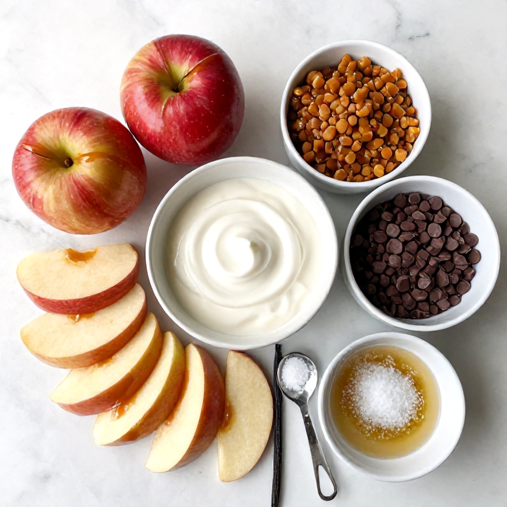 Raw ingredients for caramel apple slices on a marble surface