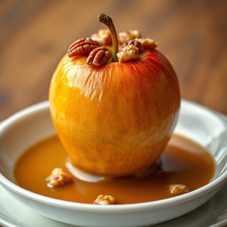 One caramel baked apple plated in a shallow white bowl, drizzled in caramel sauce and topped with a sprinkle of chopped pecans. Warm light reveals glossy apple skin and gooey caramel spilling onto the bowl.
