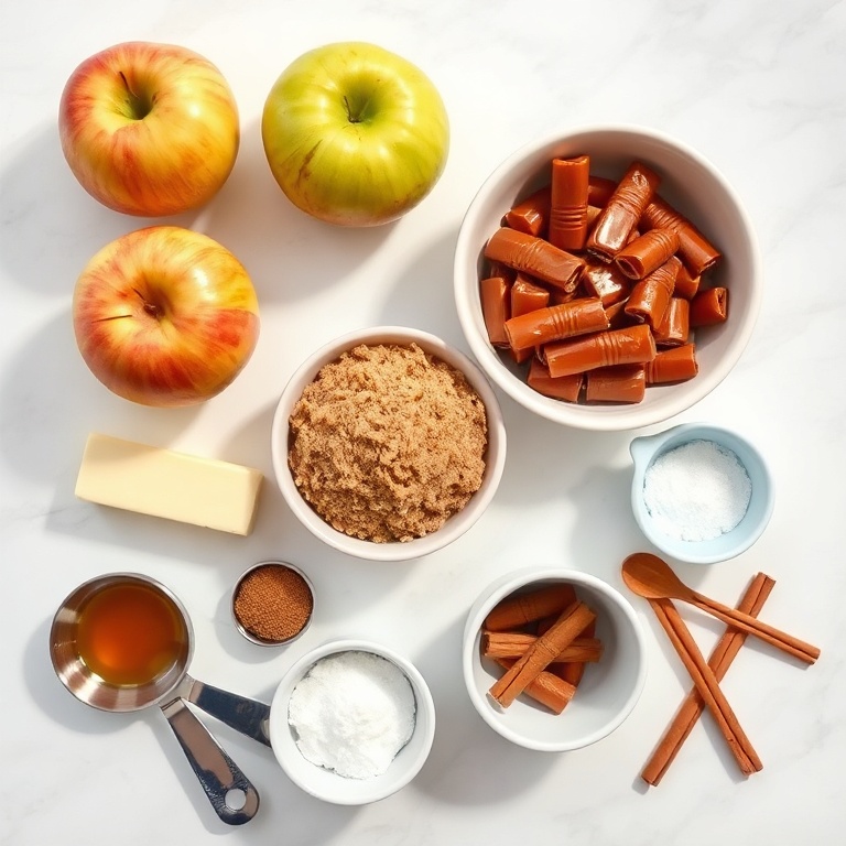 Overhead view of Granny Smith apples, wrapped caramels, cinnamon sticks, brown sugar, and butter arranged neatly with measuring cups and bowls on a white marble surface. Bright even lighting.