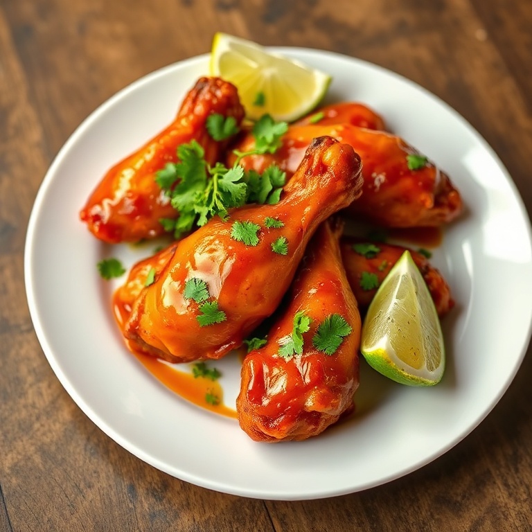 Perfectly plated chicken wings on a white ceramic plate. Garnished with fresh cilantro and lime wedges. Warm side lighting shows the glossy sauce and crispy texture.