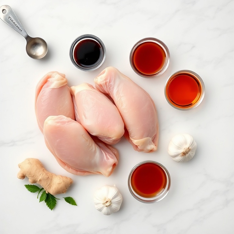 Raw chicken wings, fresh ginger, soy sauce, honey, garlic, and rice vinegar arranged in a flat lay. Measuring spoons and bowls in the background.