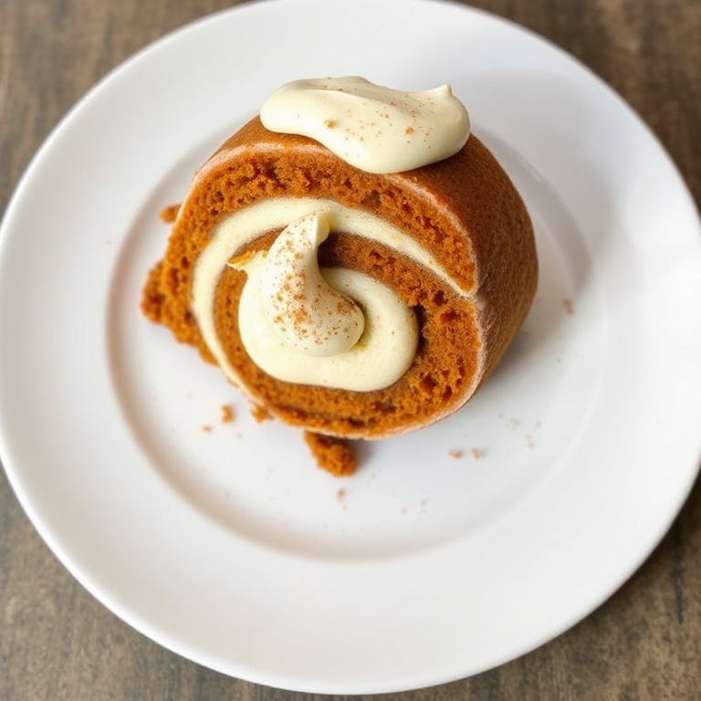 Perfectly plated carrot cake roll with a swirl of cream cheese frosting and a sprinkle of cinnamon on a white ceramic plate.