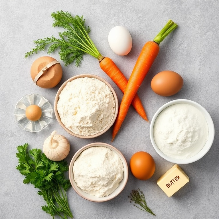 Raw ingredients for easy carrot cake roll arranged in an overhead flat lay. Carrots, flour, sugar, eggs, and butter are the most visually prominent items.