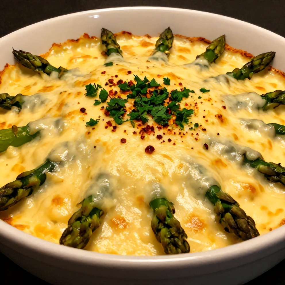 Plated serving of cheesy asparagus casserole with a sprinkle of fresh parsley