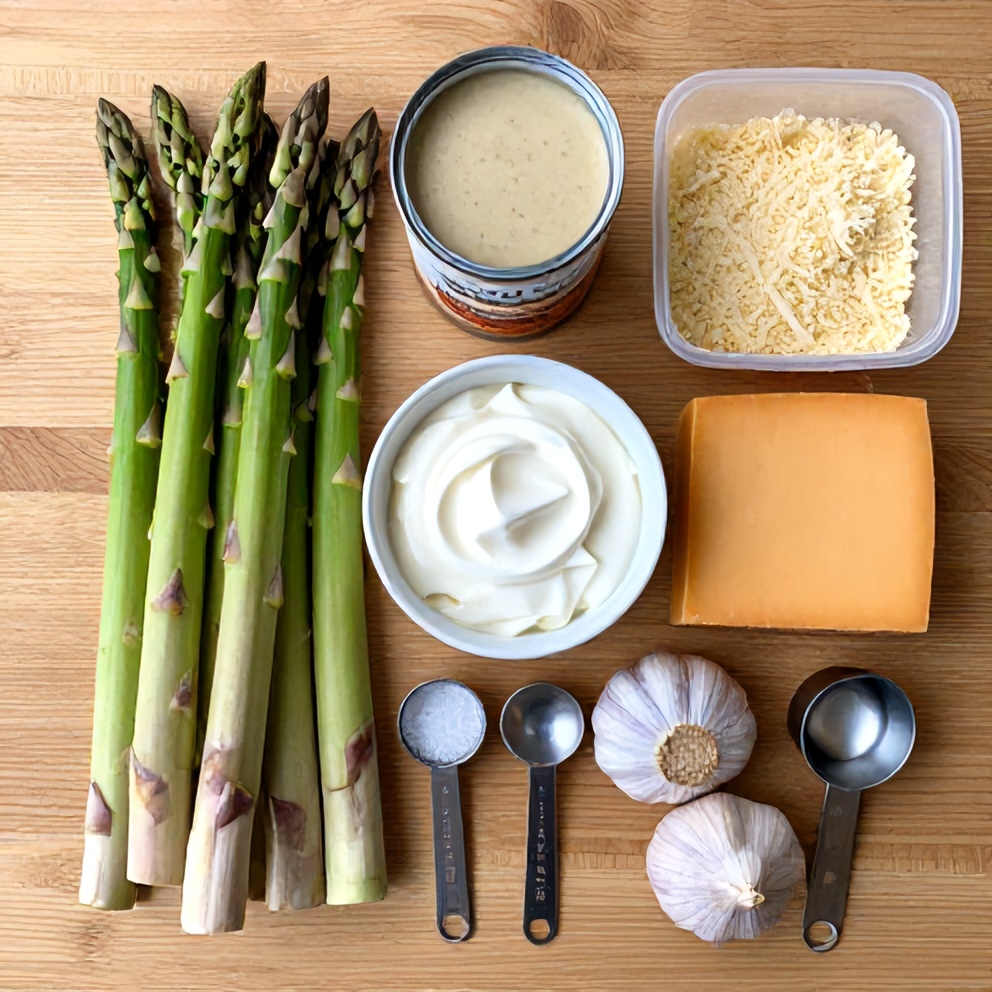 Raw ingredients for cheesy asparagus casserole laid out on a wooden surface