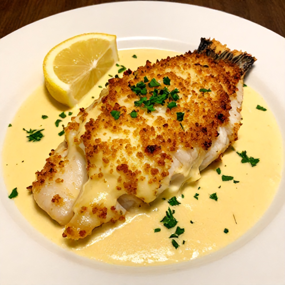Plated cheesy baked halibut with lemon wedge