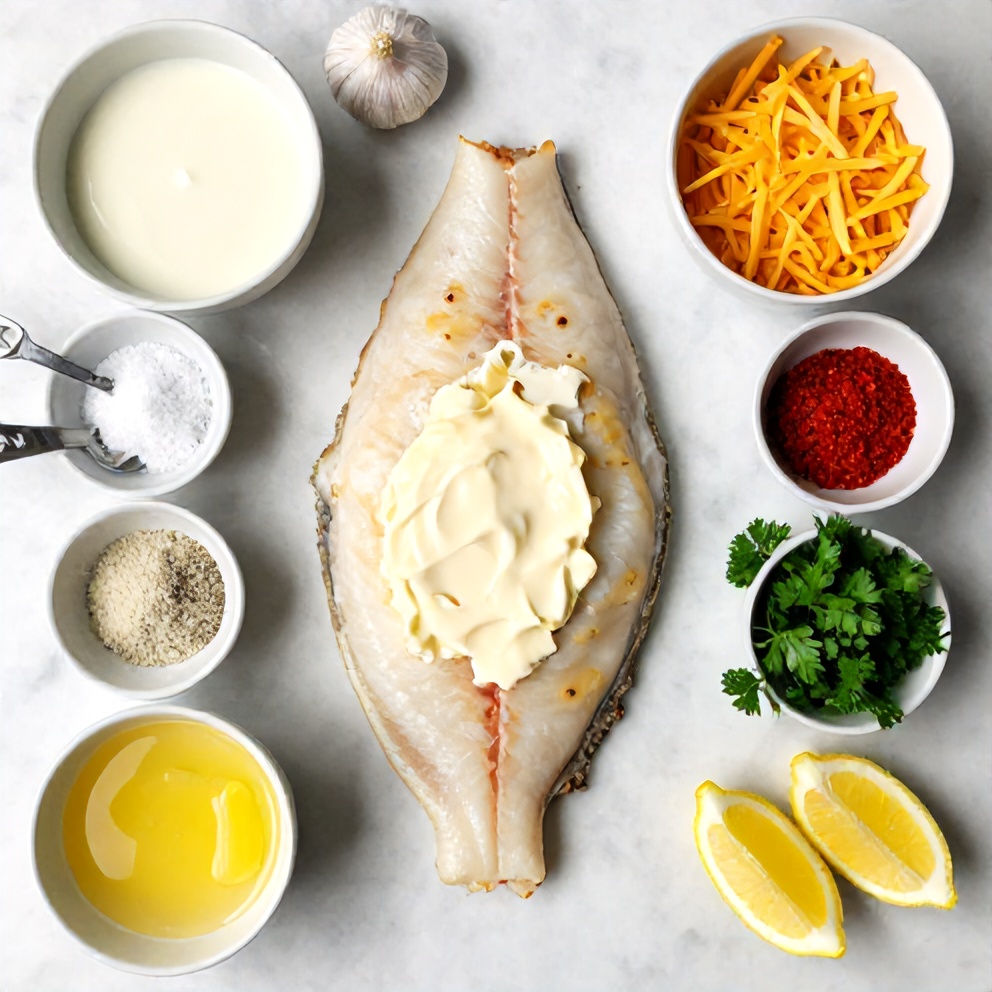 Raw ingredients for cheesy baked halibut