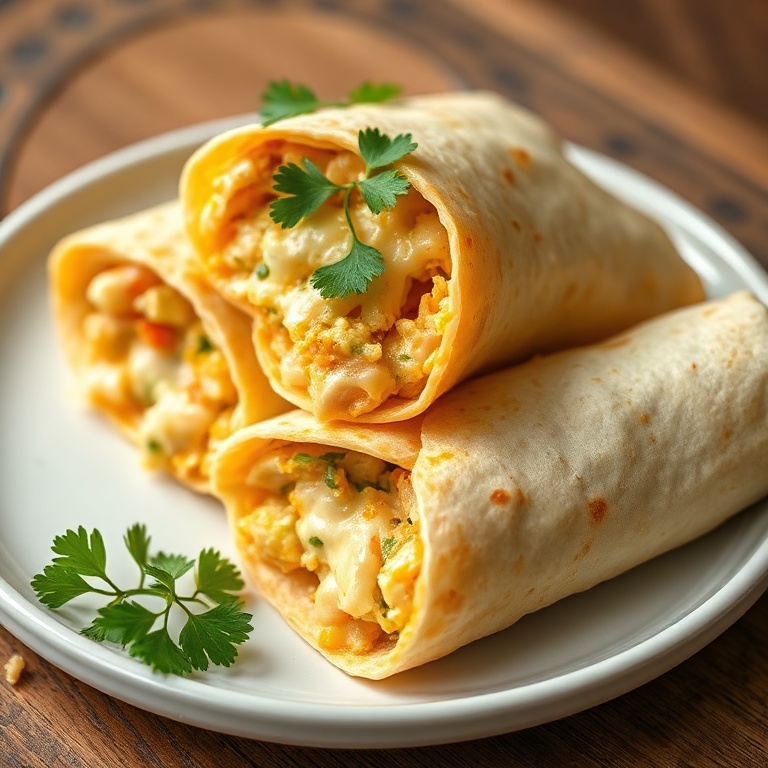 One perfect plated serving of cheesy garlic chicken wraps. Garnished with fresh parsley. Close crop, warm side lighting showing texture.