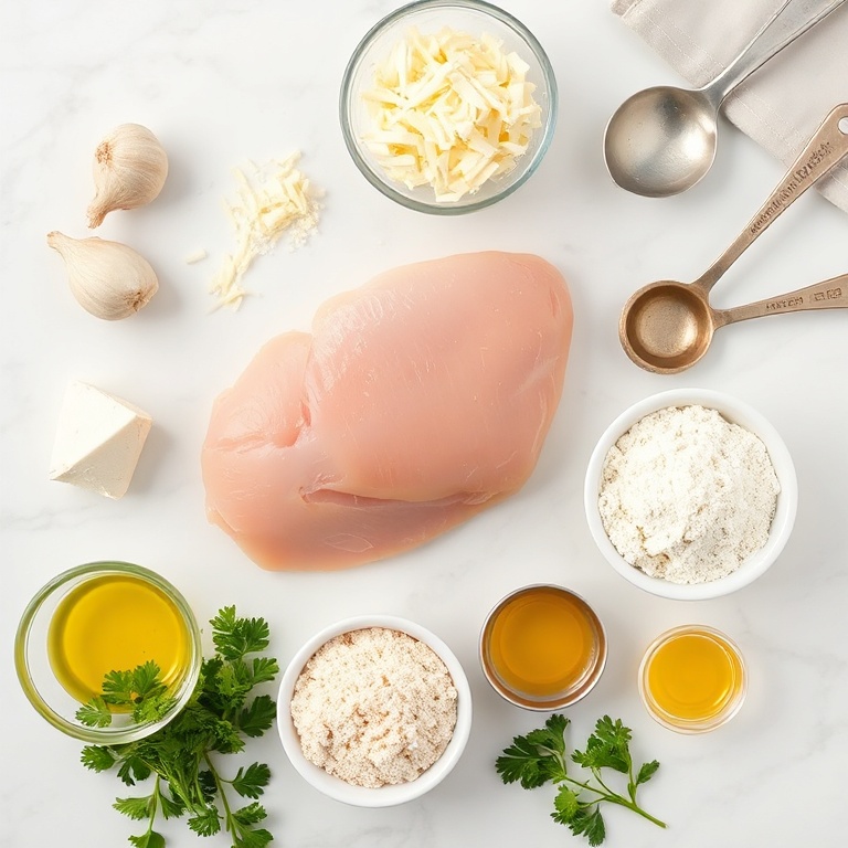 Raw chicken breast, garlic, shredded cheese, flour, eggs, bread crumbs, parsley, and olive oil arranged as an overhead flat lay.