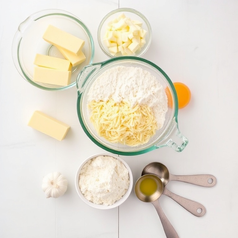 Raw ingredients for cheesy garlic cruffins including butter, flour, garlic, cheese, and eggs