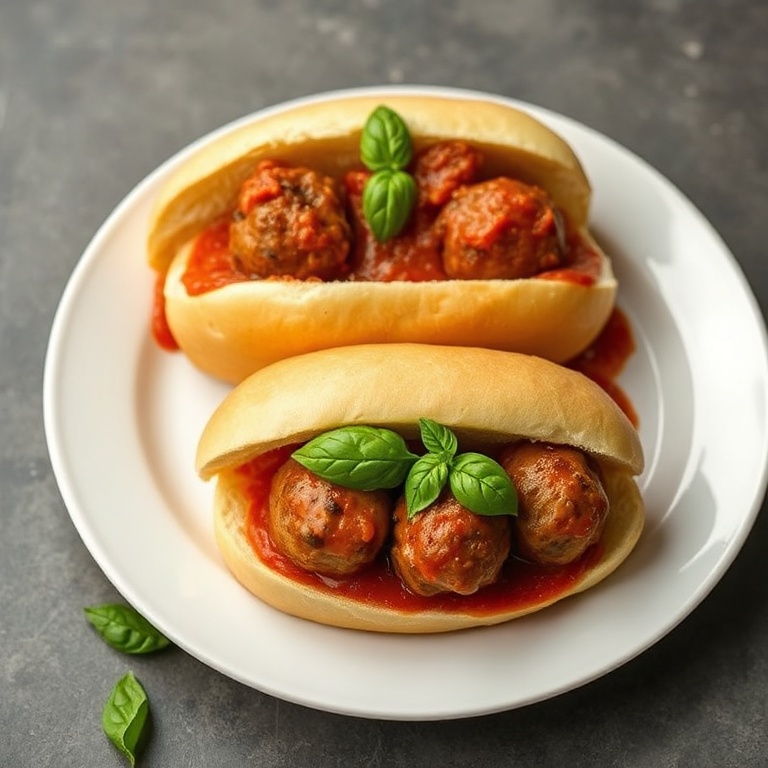 Plated meatball subs with fresh basil. Classic sub bun filled with meatballs and sauce. Warm side lighting highlights texture.