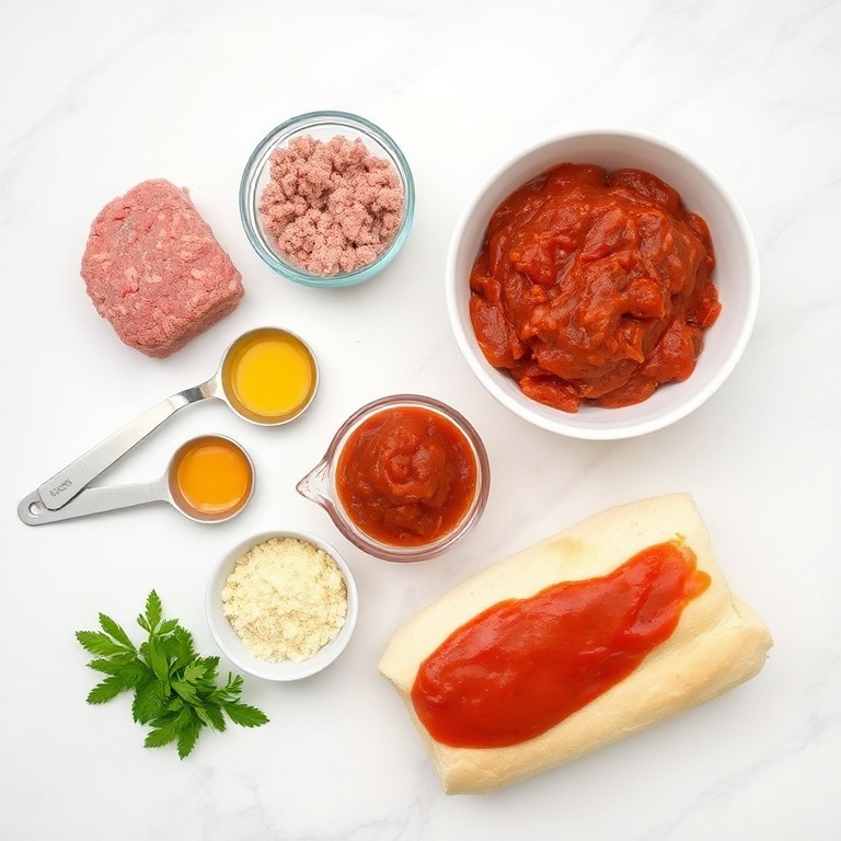 Raw ingredients for meatball subs: ground beef, breadcrumbs, Parmesan, marinara sauce, Italian seasoning, and subs. Measuring spoons and bowls visible. Bright even light.