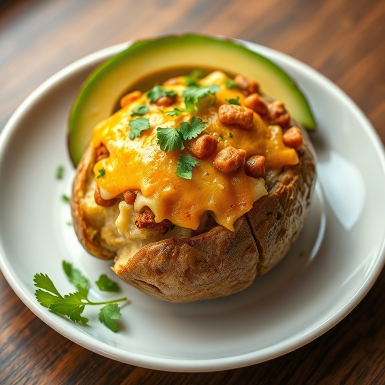 Perfectly plated stuffed potato with a sprinkle of cilantro and a side of avocado