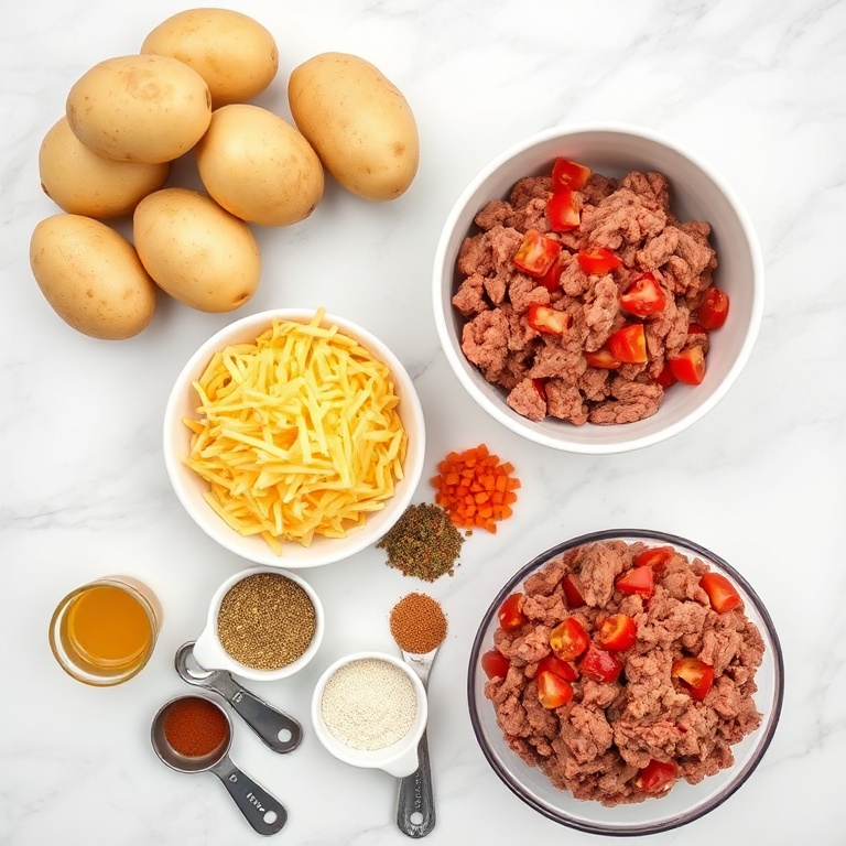 Raw ingredients for stuffed potatoes including potatoes, cheese, ground beef, taco seasoning, lettuce, and tomatoes