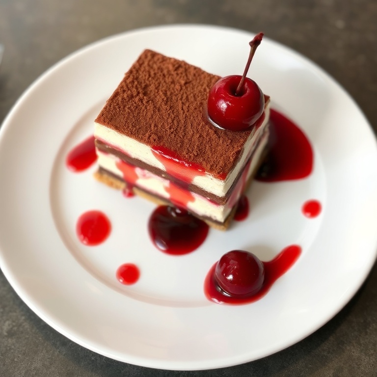 A single serving of cherry tiramisu drizzled with cherry sauce, placed on a white porcelain plate with a dusting of cocoa powder on top.