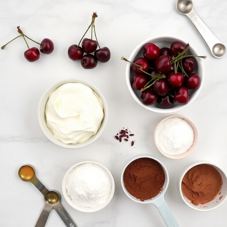 A flat lay of fresh cherries, mascarpone, ladyfingers, sugar, and cocoa powder arranged neatly on a white marble surface with measuring cups and bowls nearby.