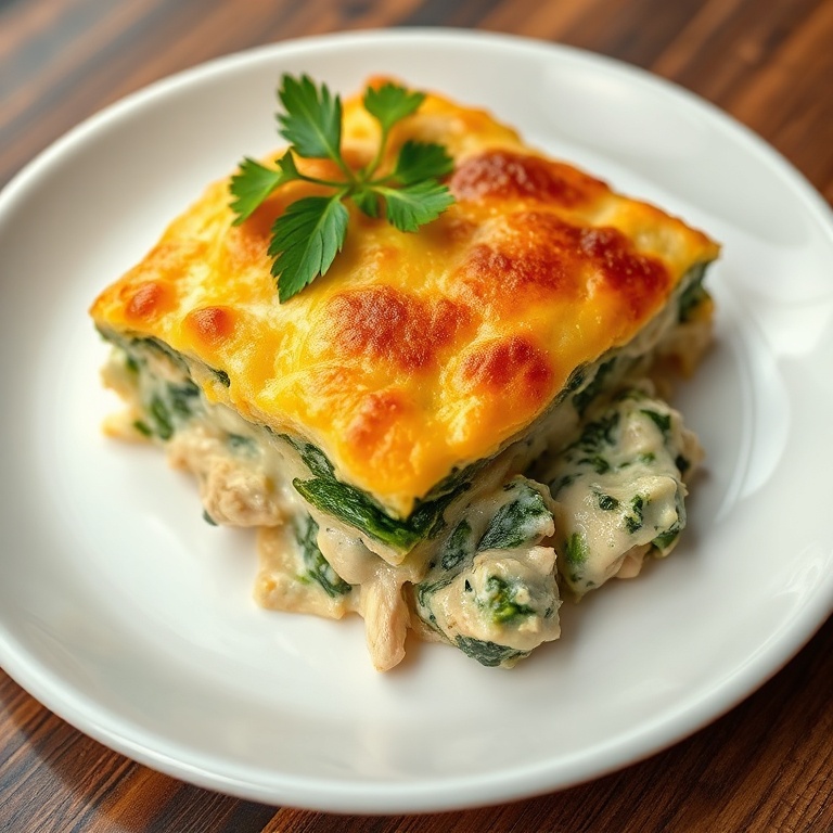 One serving of chicken and spinach casserole on a white plate, golden bubbly cheese, fresh parsley garnish, creamy texture shown by close crop.