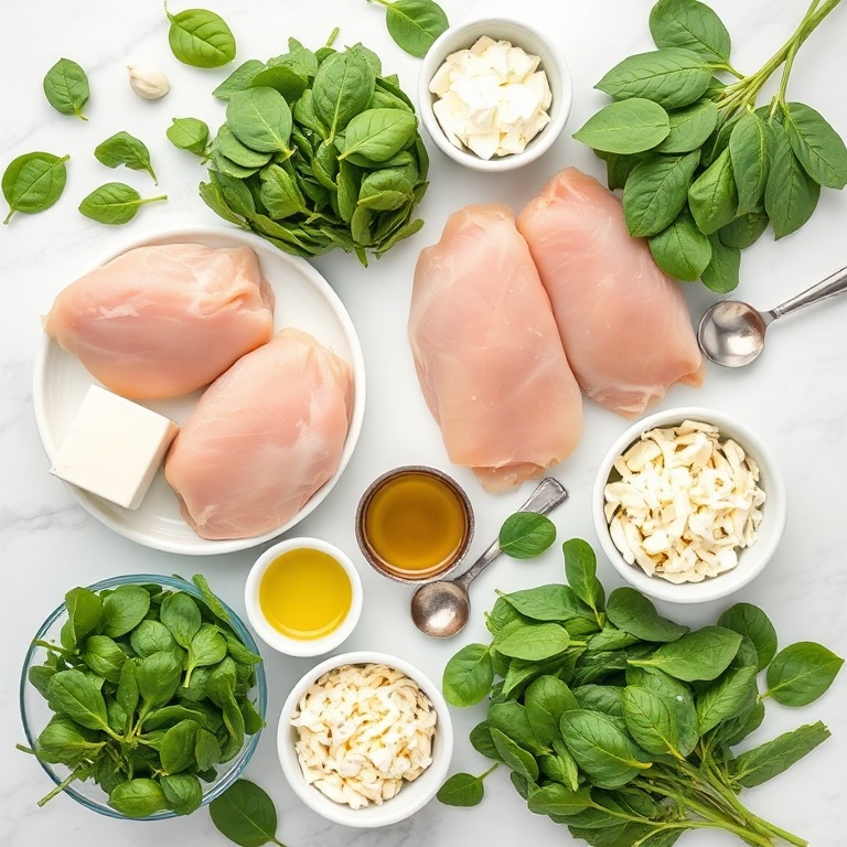 Overhead flat lay of raw chicken breasts, fresh spinach, cream cheese, shredded mozzarella, and garlic in prep bowls on marble with measuring spoons.