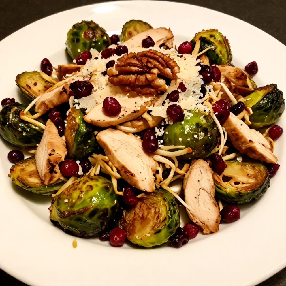Plated Chicken Brussels Sprout Salad with Cranberries and Parmesan