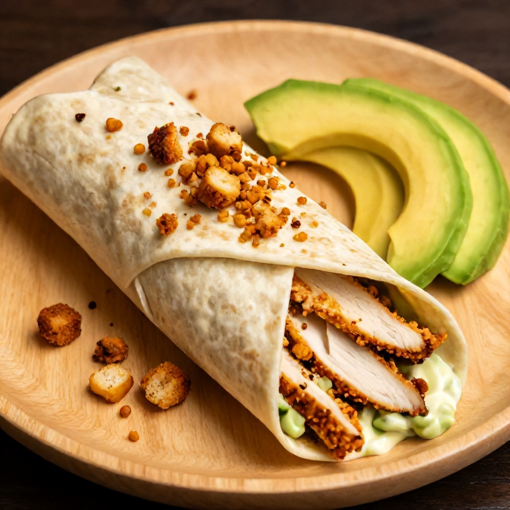 Chicken Caesar Wrap on a plate with a fork and knife
