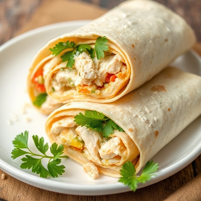 Plated Chicken Caesar Wrap with fresh parsley and parmesan on a white plate, close crop highlighting texture