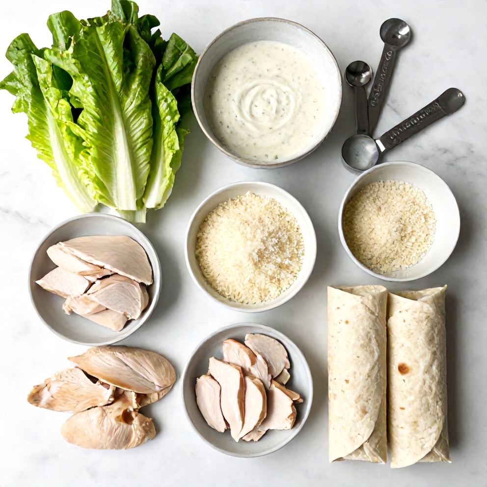 Raw ingredients for Chicken Caesar Wrap on a marble surface