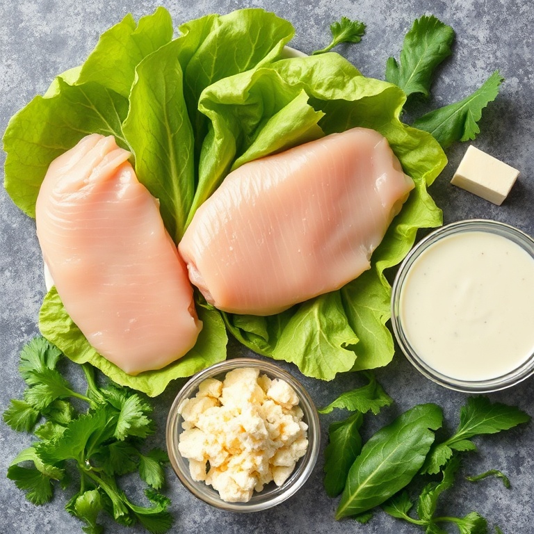Raw ingredients for Chicken Caesar Wrap - chicken breast, romaine, parmesan cheese, croutons, and Caesar dressing arranged in an overhead flat lay