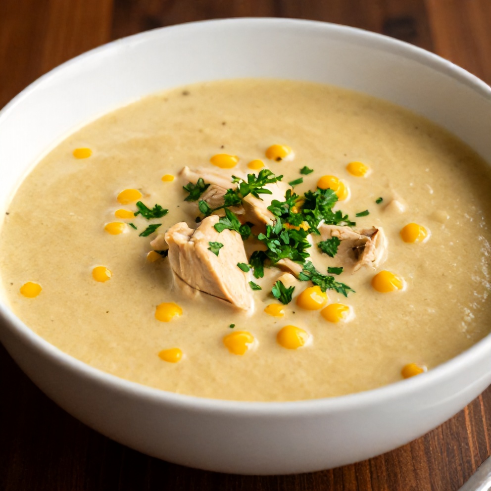 Bowl of Chicken Corn Chowder with fresh parsley garnish