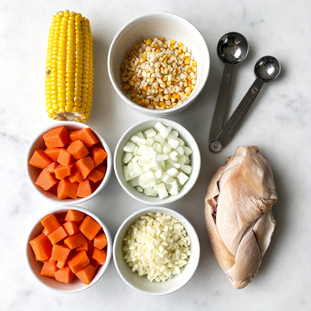 Raw ingredients for Chicken Corn Chowder on a marble surface