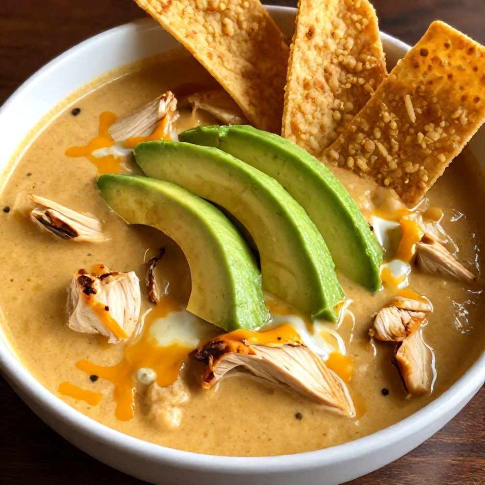 Bowl of Chicken Enchilada Soup with avocado and tortilla strips