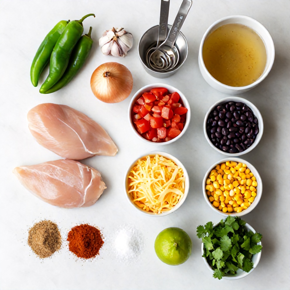 Raw ingredients for Chicken Enchilada Soup on a marble surface