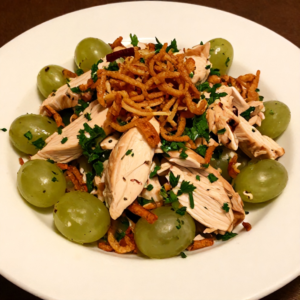Chicken Grape Salad plated with crispy almonds